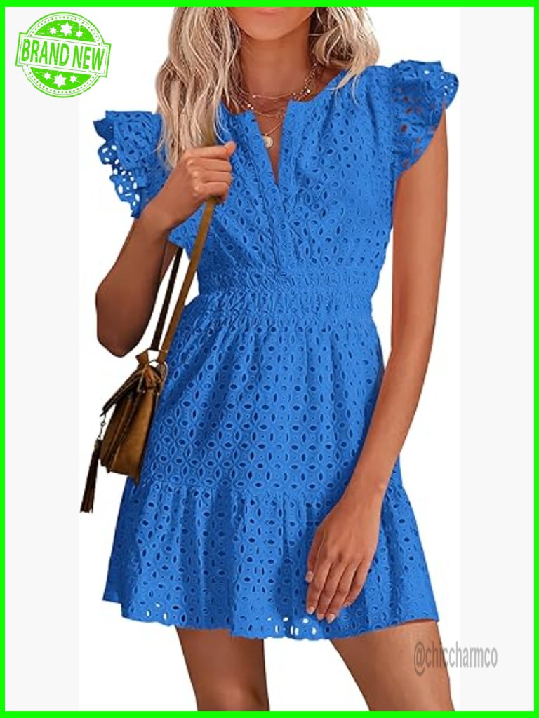 Eyelet Cap Sleeve V-Neck Short Boho Sundress Wedding Guest Dress
